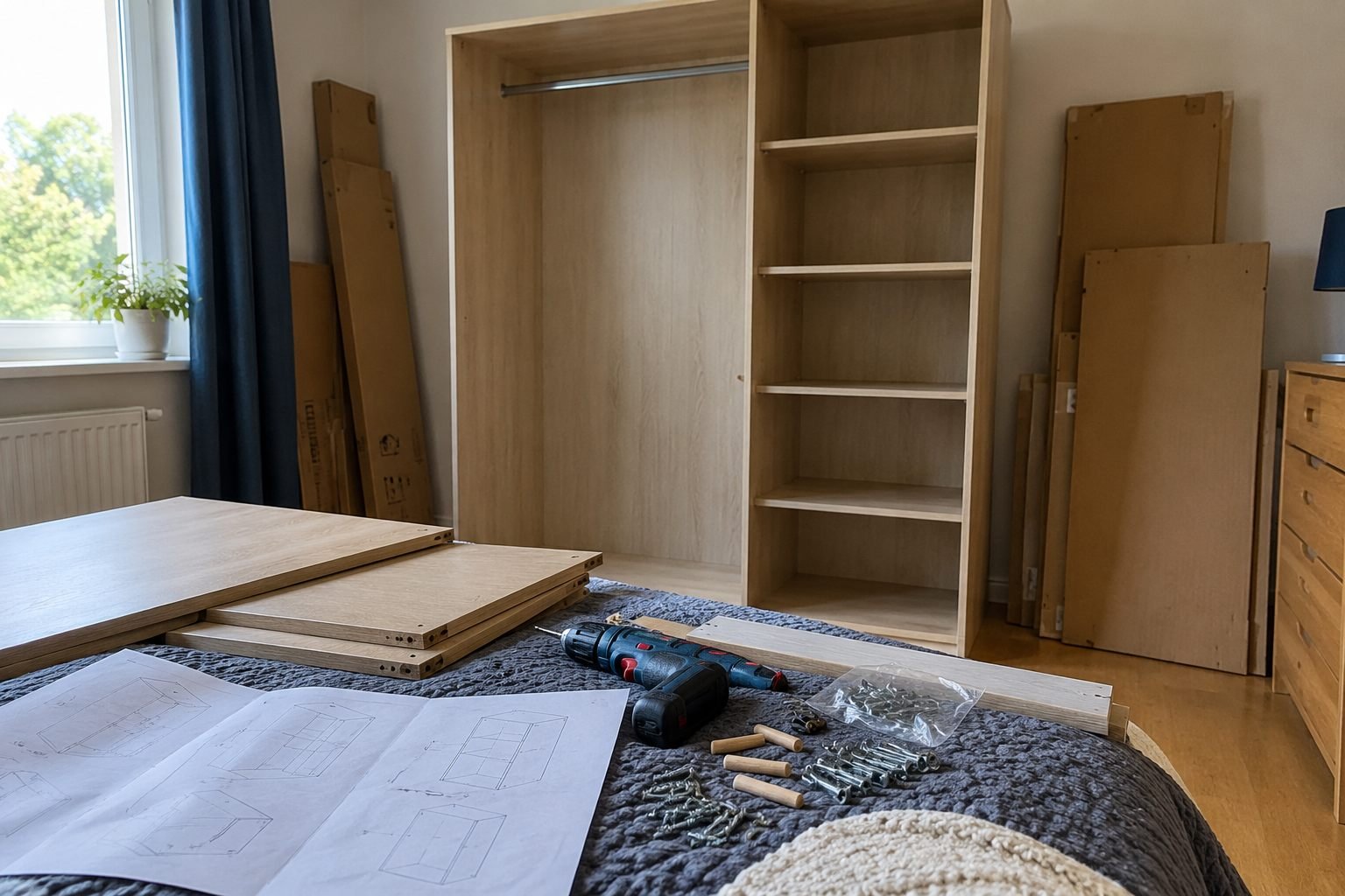 Half gemonteerde kast met onderdelen en gereedschap in een slaapkamer