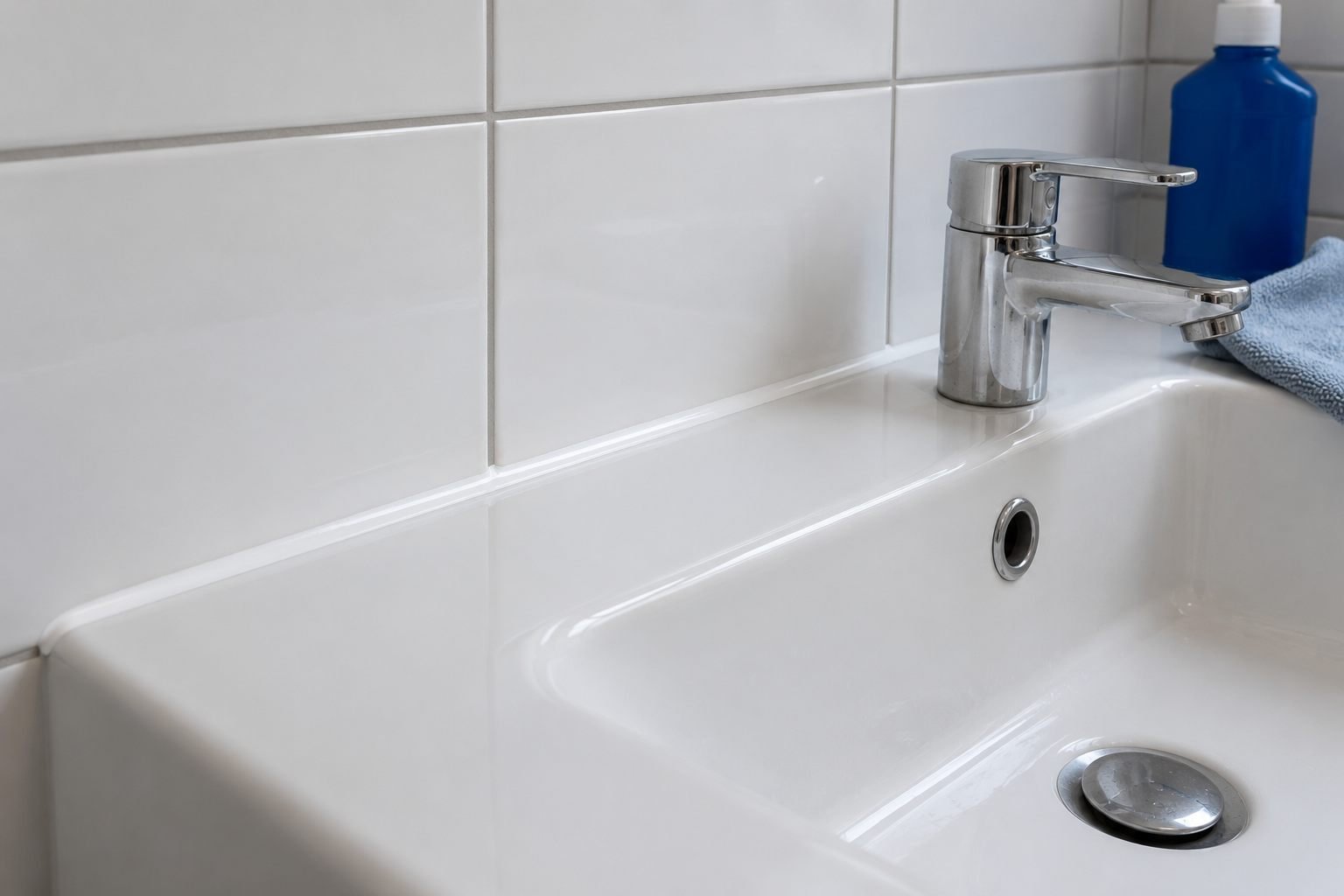 Strakke witte kitrand langs een wastafel in een normale badkamer